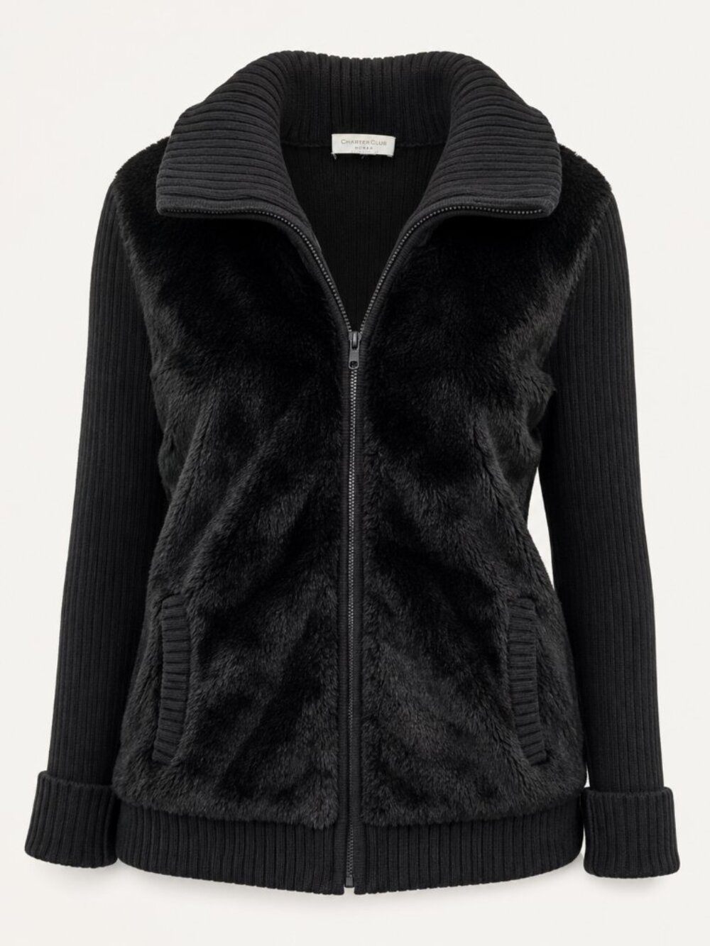 Charter Club Black Faux Fur Knit Zip Jacket Sweater